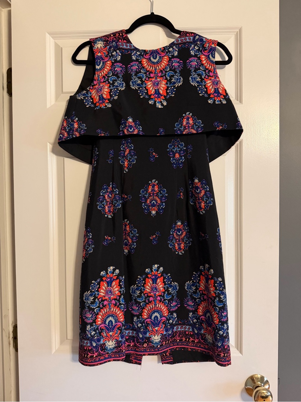 Nanette Lepore Black Midi Dress with Pink & Blue Floral Medallions